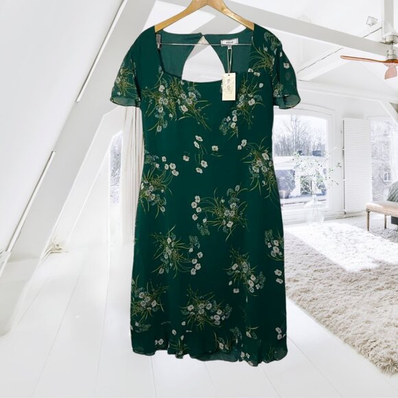 NWT Rihoas 2XL Floral Green Chiffon Stye Flutter Sleeve Square Neck Midi Dress - Picture 3 of 14